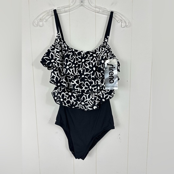 Sirena Other - Vintage NWT Swimsuit Sirena Size 10 70s Ruffle Black & White Floral One Piece